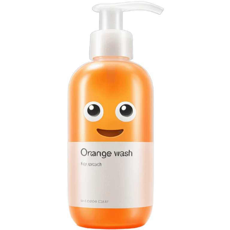 orange face wash in glass pump bottle, no face, no fruit, realistic absolutely nothing resembling a face no mouth no eyes emoji