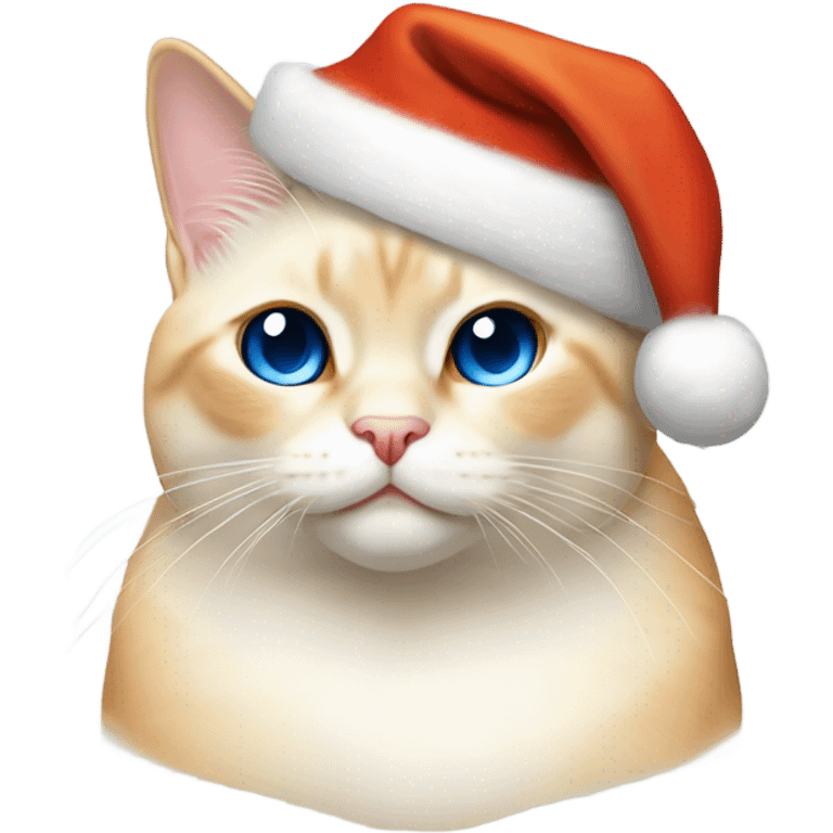 chubby fat, flame point Siamese, short fur, with white fur with orange accents, and blue eyes, smiling, wearing a red santa hat  emoji