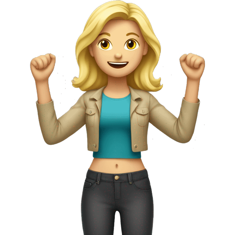 Blonde Girl with both hands open in the air. Happy, frontal view above waist only. Enjoying emoji