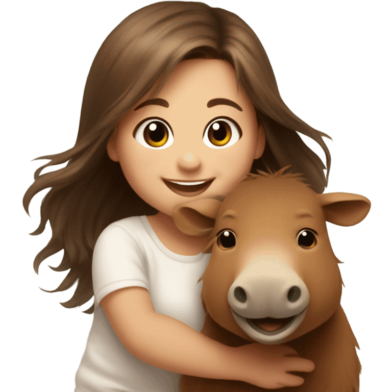 happy baby white girl with long brown hair kind of messy hair, smiling next to capybara emoji