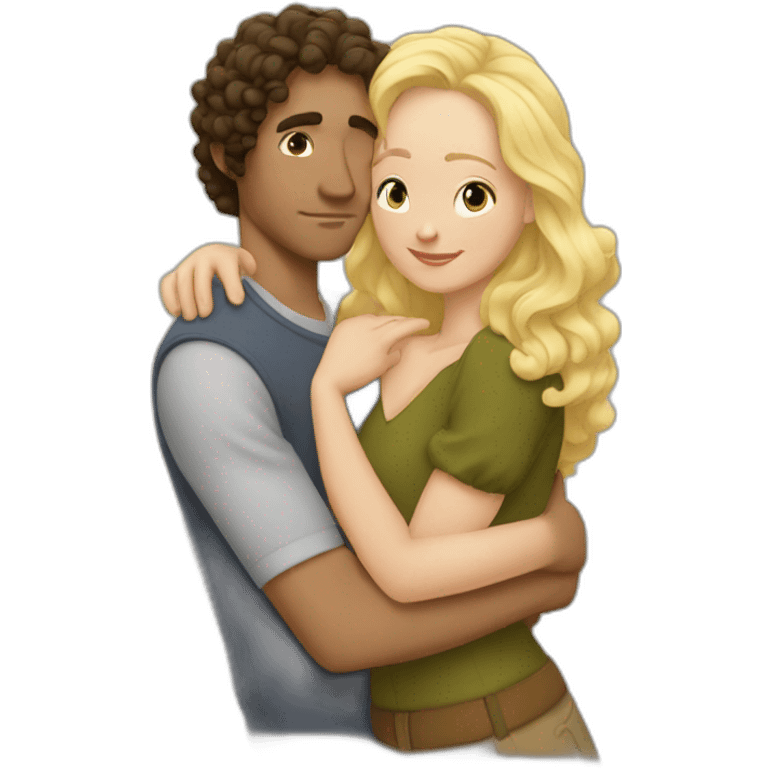 White Man with long dark curly hair hugging a blonde curvy woman emoji