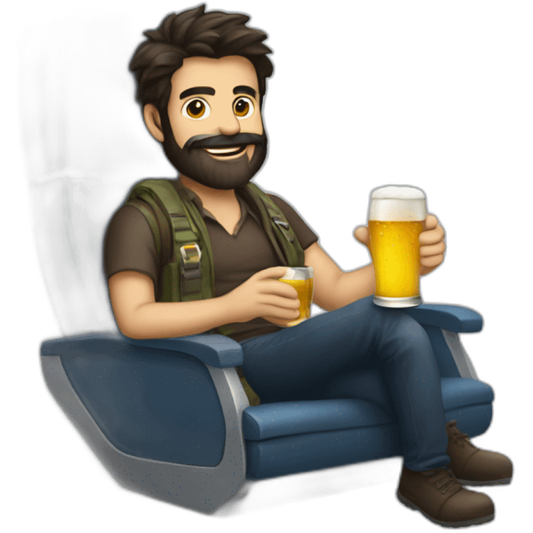 Dark hair beard man drinking beer riding a plane emoji