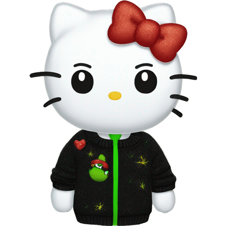 Hello kitty wearing black sweater with a glittery grinch embroidered on the sweater emoji