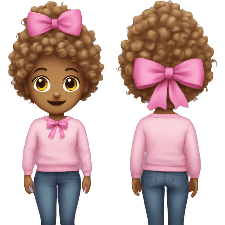 A curly head girl with a pink bow sweater emoji