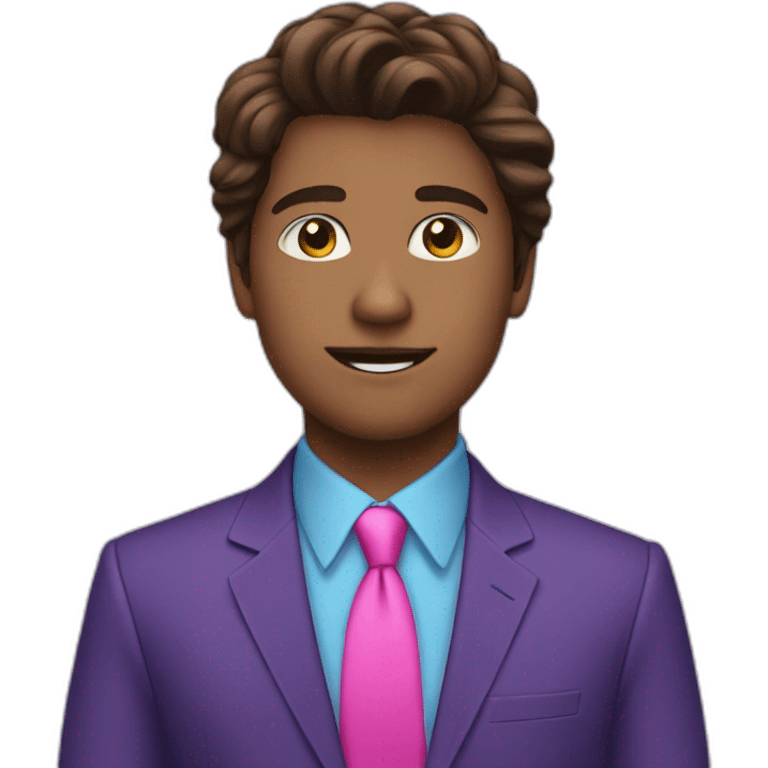 Brown long haired teen guy in purple suit blue shirt and pink tie emoji