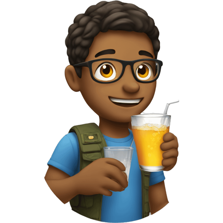 boy enjoying a drink. Add a jet into the background emoji