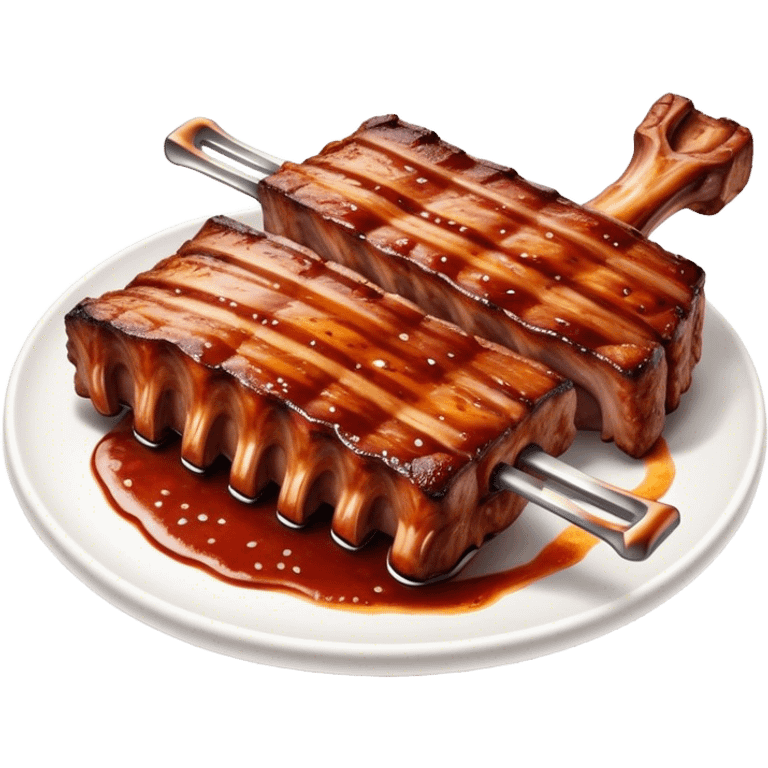 Cinematic juicy grilled ribs, glistening with smoky barbecue sauce, charred edges, tender meat falling off the bone, sizzling on a hot grill, mouthwatering and rich, warm and inviting, ultra-realistic and delicious. emoji