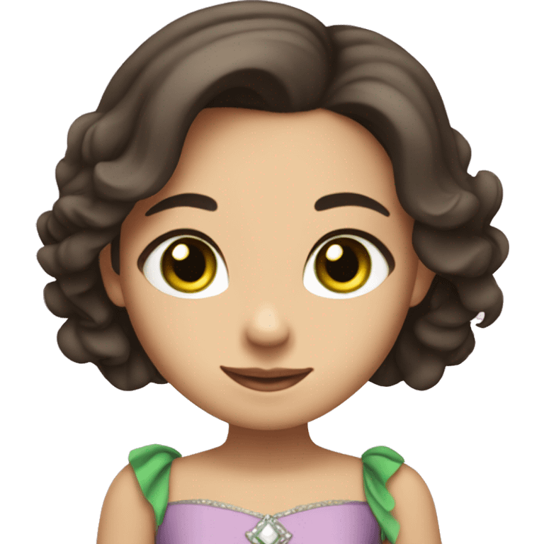 Girl with shoulder length dark brown hair, green eyes, in a princess outfit emoji