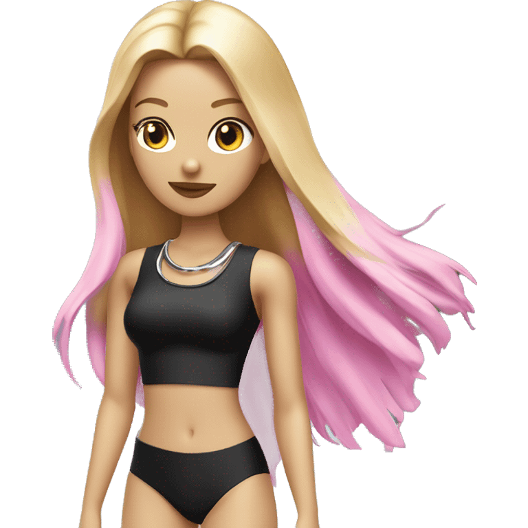 Woman with blue eyes, pink lips and long blonde straight hair. black swimsuit. black band with metal ring around neck emoji