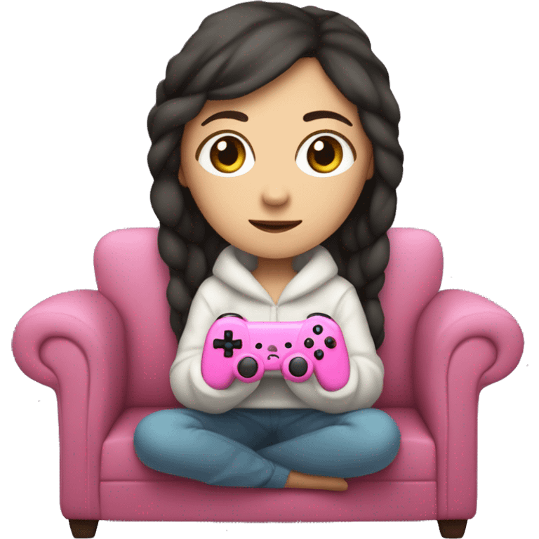 White girl with dark hair wrapped up in a blanket sitting on a couch with a pink gaming controller in her hands emoji