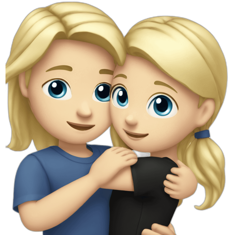 blond white girl with blue eyes hug white boy with black hair with pony-tail emoji