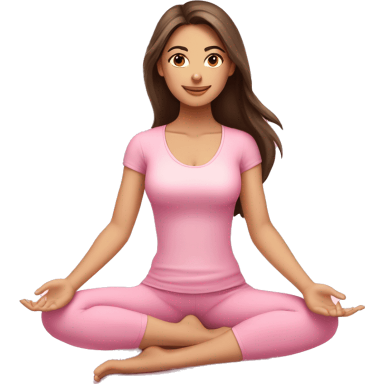 Brunette long hair and brown eyes yoga beautiful girl in light pink pink pink clothes sitting on a yoga mat emoji