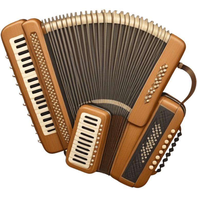 Create a warm and inviting humanless emoji representing folk singing. The design should feature a traditional microphone, perhaps with a wooden texture, symbolizing the rustic and authentic feel of folk music. Surround the microphone with subtle elements such as a hand-played tambourine, an accordion, or a balalaika to reflect the folk instruments. Add flowing musical notes to symbolize the vocal melodies. Use earthy, natural colors like browns, reds, and greens to evoke a sense of tradition, warmth, and connection to the community. The background should be transparent. emoji