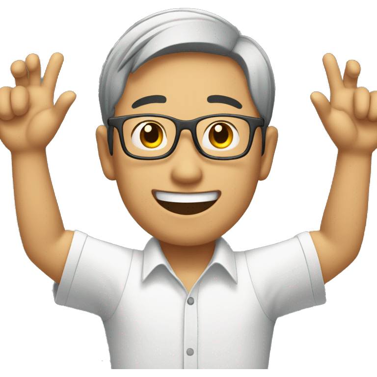 smiling young asian man who wearing glasses putting hands up emoji