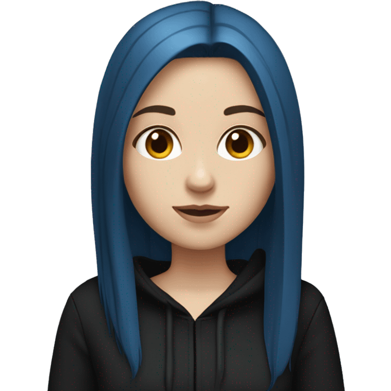 white girl with long straight dark blue hair wearing black hoodie emoji