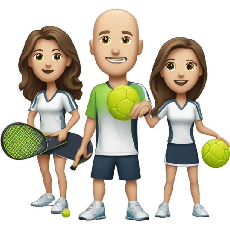 4 Caucasian people playing pickleball with 1 tall bald male, 1 shorter brown hair male, 1 girl with long brown hair, 1 girl  with brown hair emoji