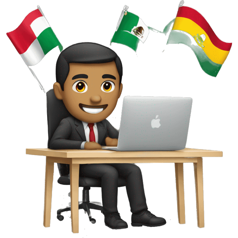 men working on a desk with a macbook  and the mexican and brasil flags on the background  emoji