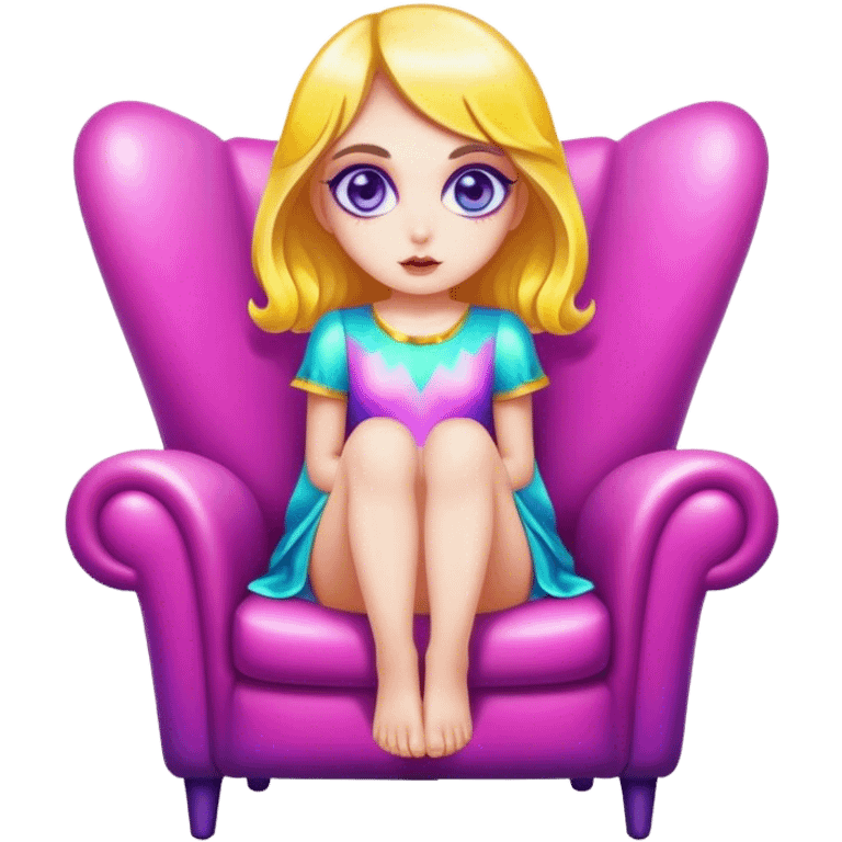 Psychedelic girl with large glistening eyes sitting in a chair, ultra realistic facial details emoji