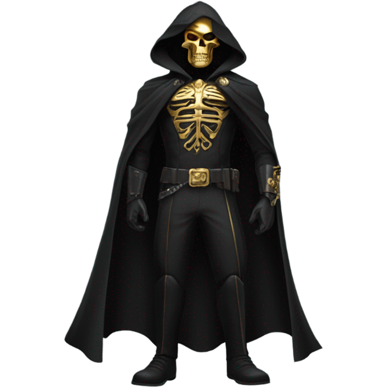 Bounty Hunter Boss with black cape and a gold skull mask from death Stranding, full body view emoji