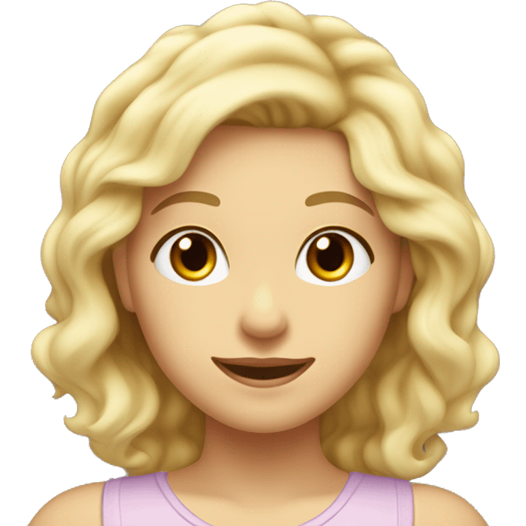 Hair: Blonde, wavy, voluminous.
Eyes: Dark brown, large, friendly.
Expression: Cheerful smile.
Face shape: Round with full cheeks.
Skin tone: Fair and glowing.
Clothing: Simple light-colored top. emoji