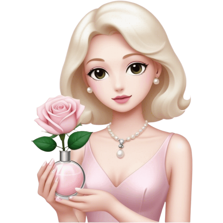 white rose next to a pearl-colored envelope and a flacon of aesthetically pleasing perfume in powder pink  emoji