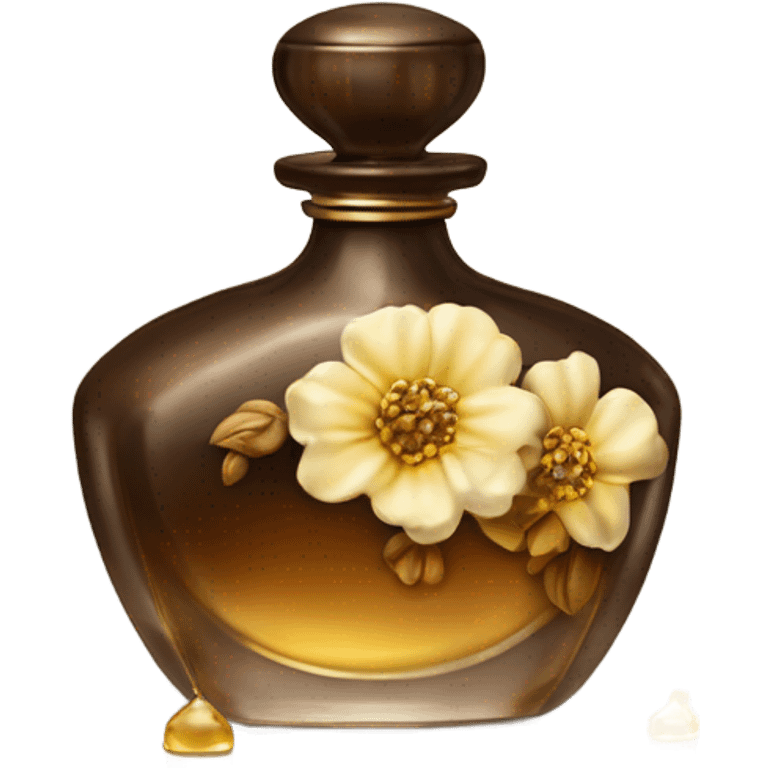 An antique perfume bottle with oil made of bronze and brown crystals, from which white cream and coffee milk flow, yellow flowers of fragrant vanilla lie next to it emoji