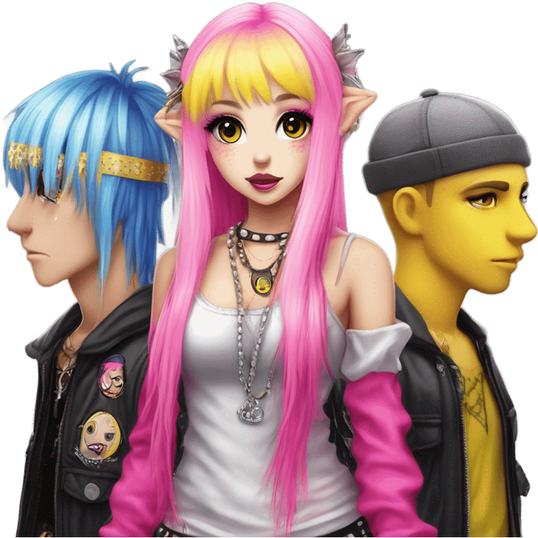 Blue eyed long eye lashes pout blonde and pink hair pale hime gyaru girl, hot pink and yellow split-dyed hair, nose ring, elf ears, dark makeup, punk clothes standing next to three diffrent men praying on their knees emoji