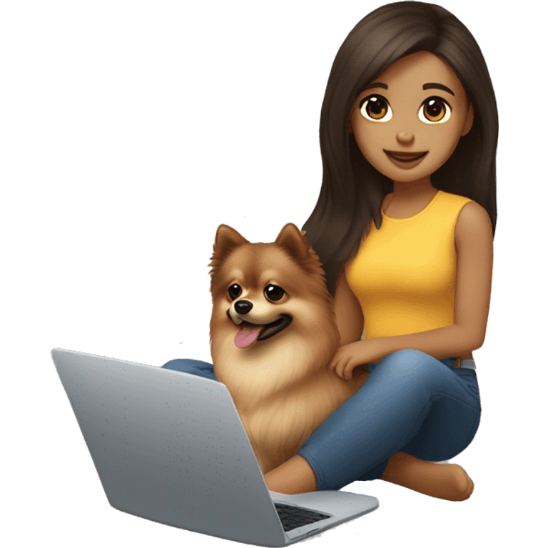 A girl with long dark brown hair, brown eyes , light skin, in front of a laptop with a pomeranian next to her emoji