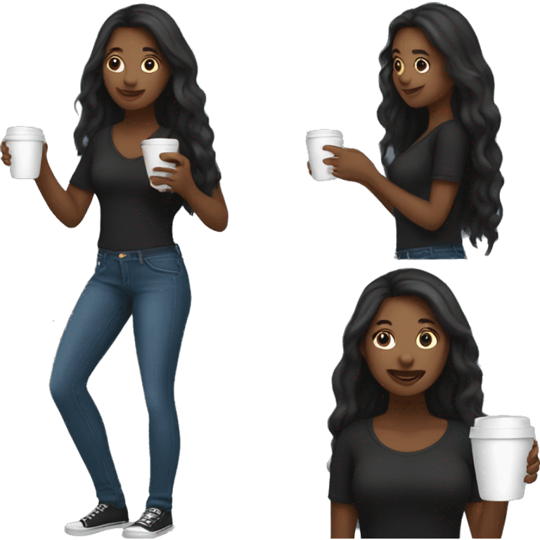 Black female with long hair talking on cellphone and holding a coffee wearing black shirt and jeans full length  emoji