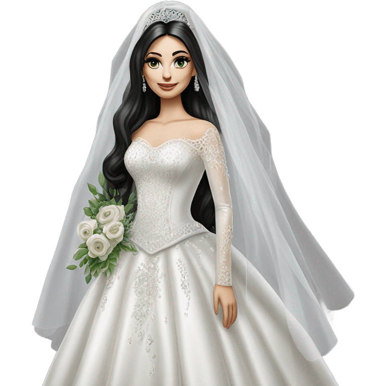 Hyper Realistic ornate ballgown long sleeve Wedding dress with diamanté on Russian bride with pale skin and green eyes and long black hair with veil and diamond jewelry hyper realistic  emoji