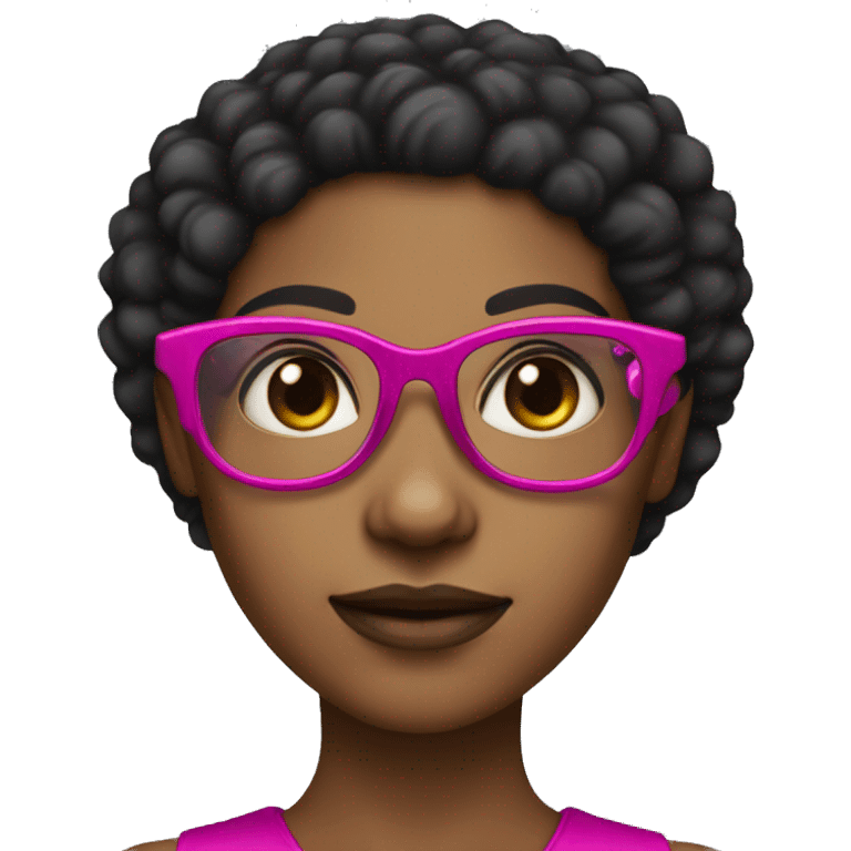 Girl with long afro black hair and brown skin and dark brown eyes and fuchsia glasses  emoji