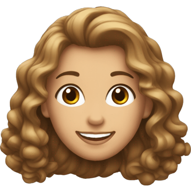 Mujer blanca con pelo rizado, castaño y largo y una gran sonrisa emoji