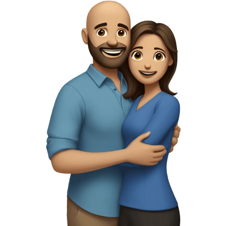 Brown-haired Puerto Rican woman with dark brown eyes wearing a cute blue blouse giving comforting hug to short, bald man with brown eyes, laugh lines, and a beard emoji