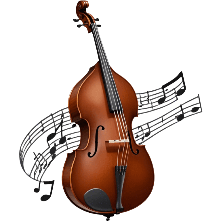 Create an elegant and detailed emoji representing a Gliga Gama double bass with bow. The design should showcase the large, sleek body of the double bass with its rich wood finish, including the characteristic curves and deep tone holes. The bow should be elegantly positioned next to the instrument, highlighting the hair and smooth wooden stick. Use warm wood tones like chestnut brown for the body of the bass, silver accents for the fittings, and dark brown for the bow. Add subtle musical notes or sound waves flowing from the bass to represent its deep, resonant sound. The background should be transparent. emoji