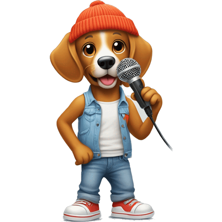 Anthropomorphic cartoon dog with simple face. Wearing orange beanie, light blue tank top, baggy jeans, and bright red shoes. Holding microphone emoji