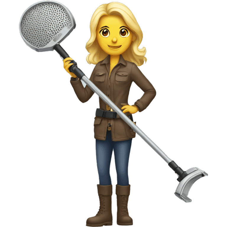 Pretty woman holding a metal detector fun emoji