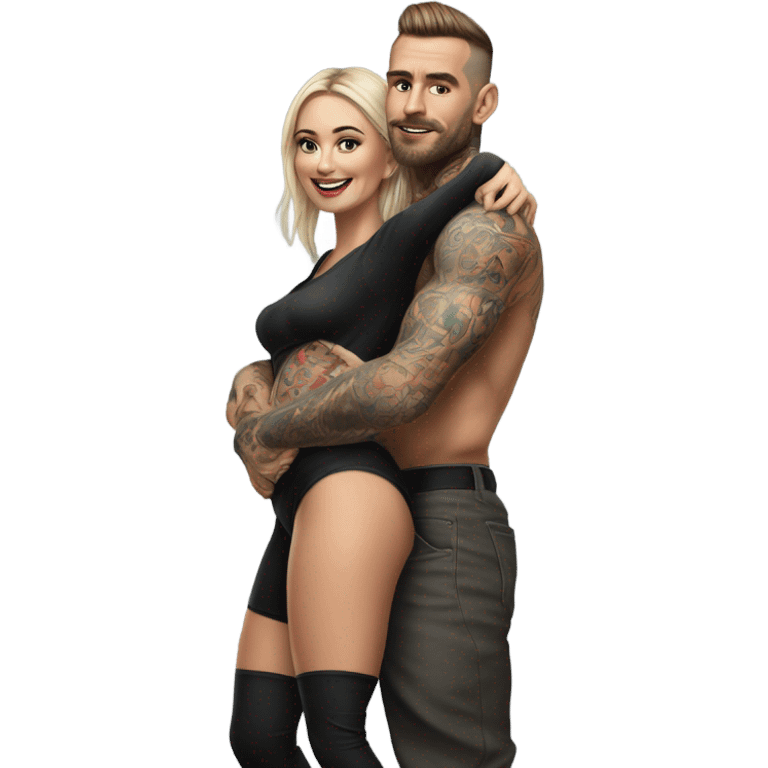 Hyper Realistic beautiful woman climbing a handsome tattooed man's back emoji