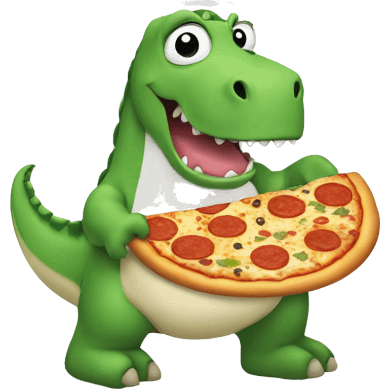 Green dinosaur eating a pizza whilst wearing pyjamas and fluffy white slippers emoji