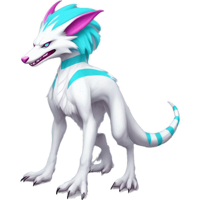 White elegant beautiful natural cute badass epic anthro modern albino sergal-vernid-Fakémon with cyan mane and magenta eyes with cyan edgy stripes, anthropomorphic, two-legged, digitigrade, full body emoji