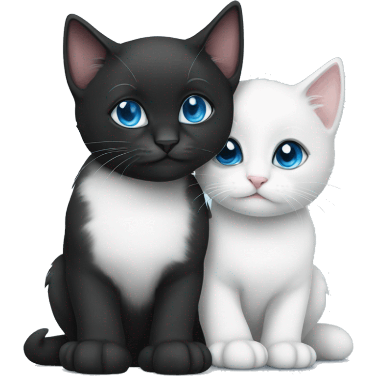 Black kitten male and white kitten female with blue eyes hugging eachother cutely emoji