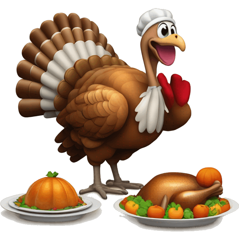 A happy turkey with plates of food in front of it with a cornucopia behind the turkey ￼ emoji