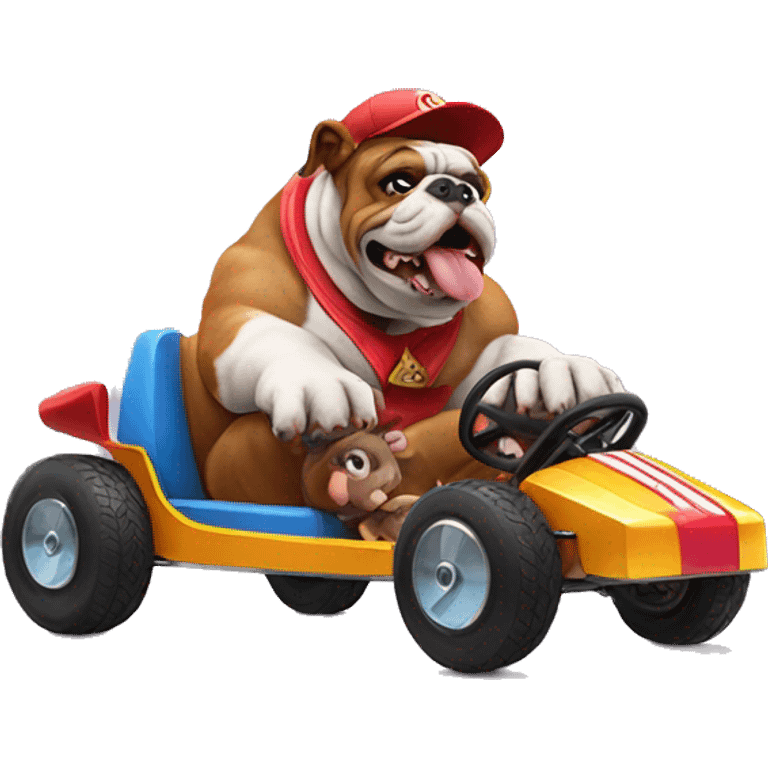 Bulldog riding in kart with donkey Kong emoji