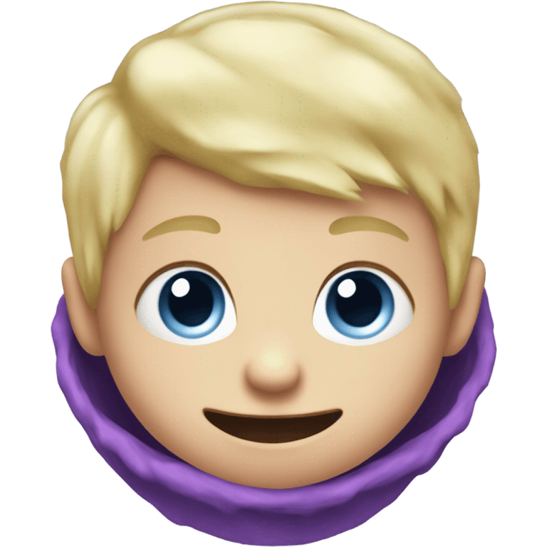 Little blonde hair blue eyed baby boy playing with a purple giant monster emoji