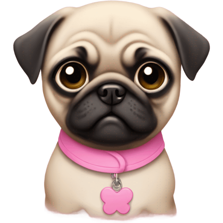 Baby pug with big pink
 eyes and pink collar
 emoji