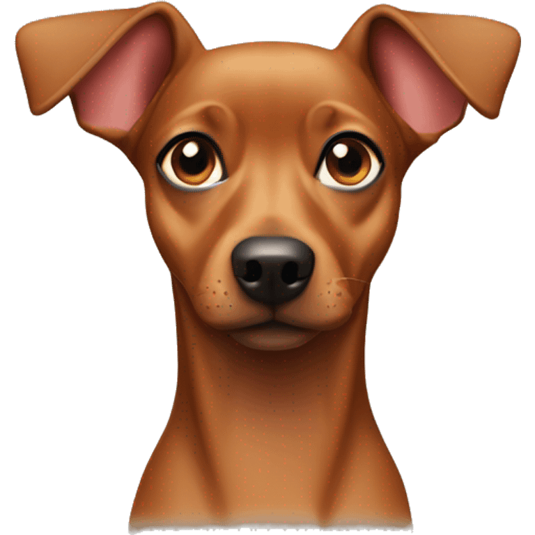 A pinscher dog looking forward with the link outside the mouth and the ears back like a  emoji