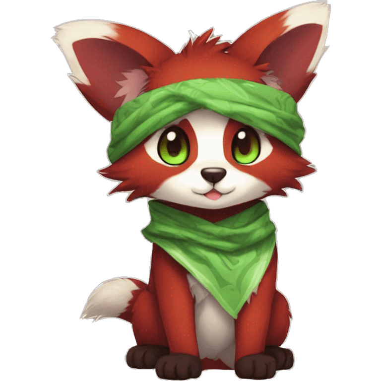 Cute, Chibi, Kemono-style, Anthro, Fur-Sona, Dark-Red, RedPanda-Mouse-hybrid-Transformice-Fakémon, with a green bandana, full body emoji