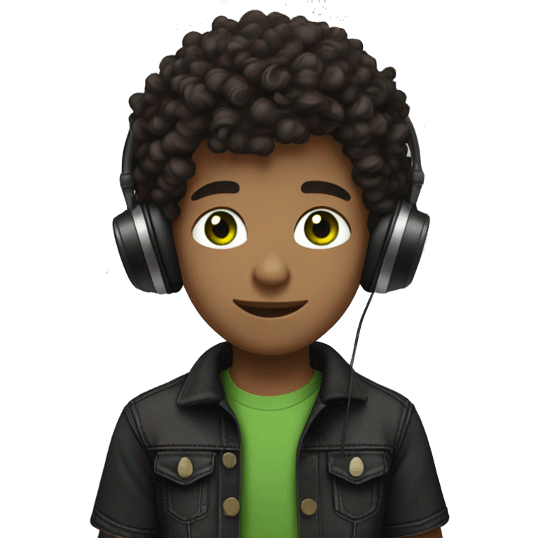 italian boy with olive tone skin with dark brown curly hair and green eyes wearing jeans and a black t shirt with headphones around the neck and black air forces emoji