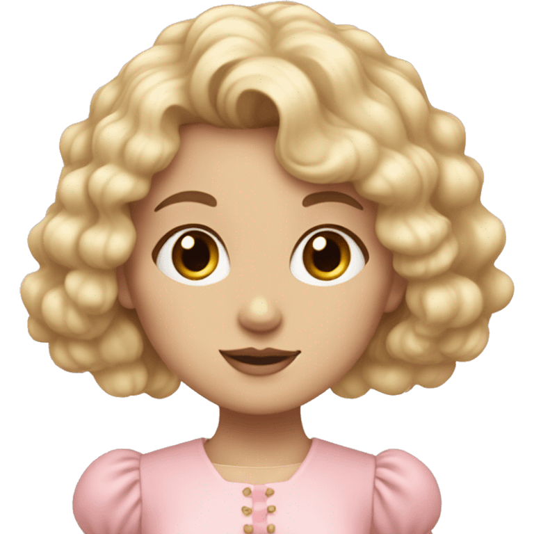 pale girl with bangs and long blonde curly hair and a pastel pink puff sleeve dress emoji