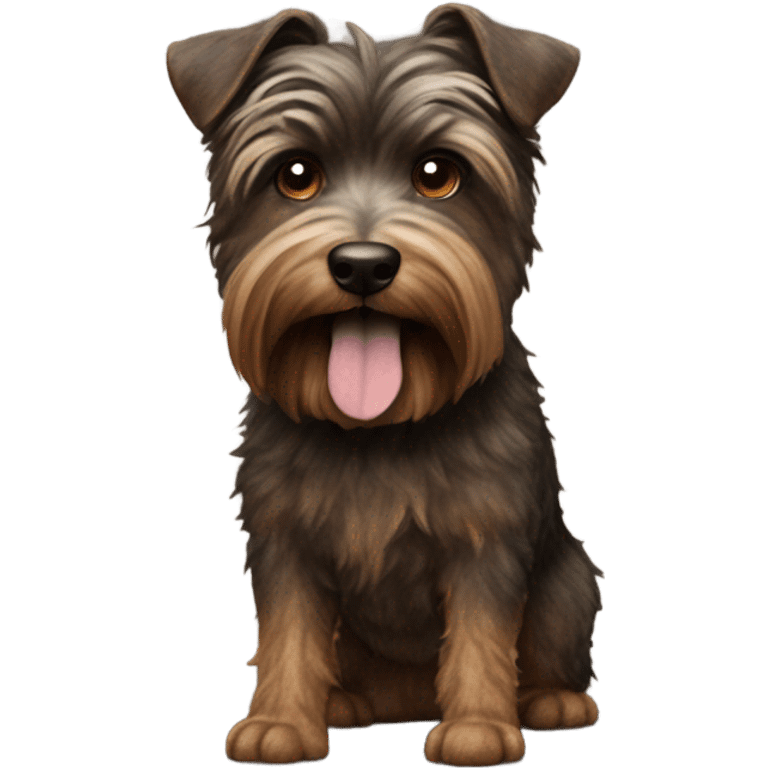 a dark dark brown haired brindle color terrier with crazy hair and long chin hair name Bon Jovi emoji