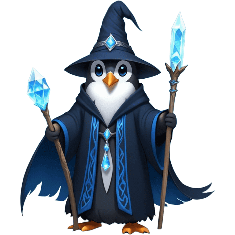 A mysterious penguin mage with sleek midnight-blue feathers, wearing a flowing black robe adorned with silver runes. A tall, pointed wizard hat sits slightly tilted on his head, the brim casting a shadow over his glowing icy-blue eyes. His flipper clutches an ancient wooden staff topped with a swirling crystal, radiating a soft, cold light. Snowflakes drift around him as he stands on a frozen cliff, his aura crackling with arcane energy, ready to summon a blizzard with a flick of his staff. emoji